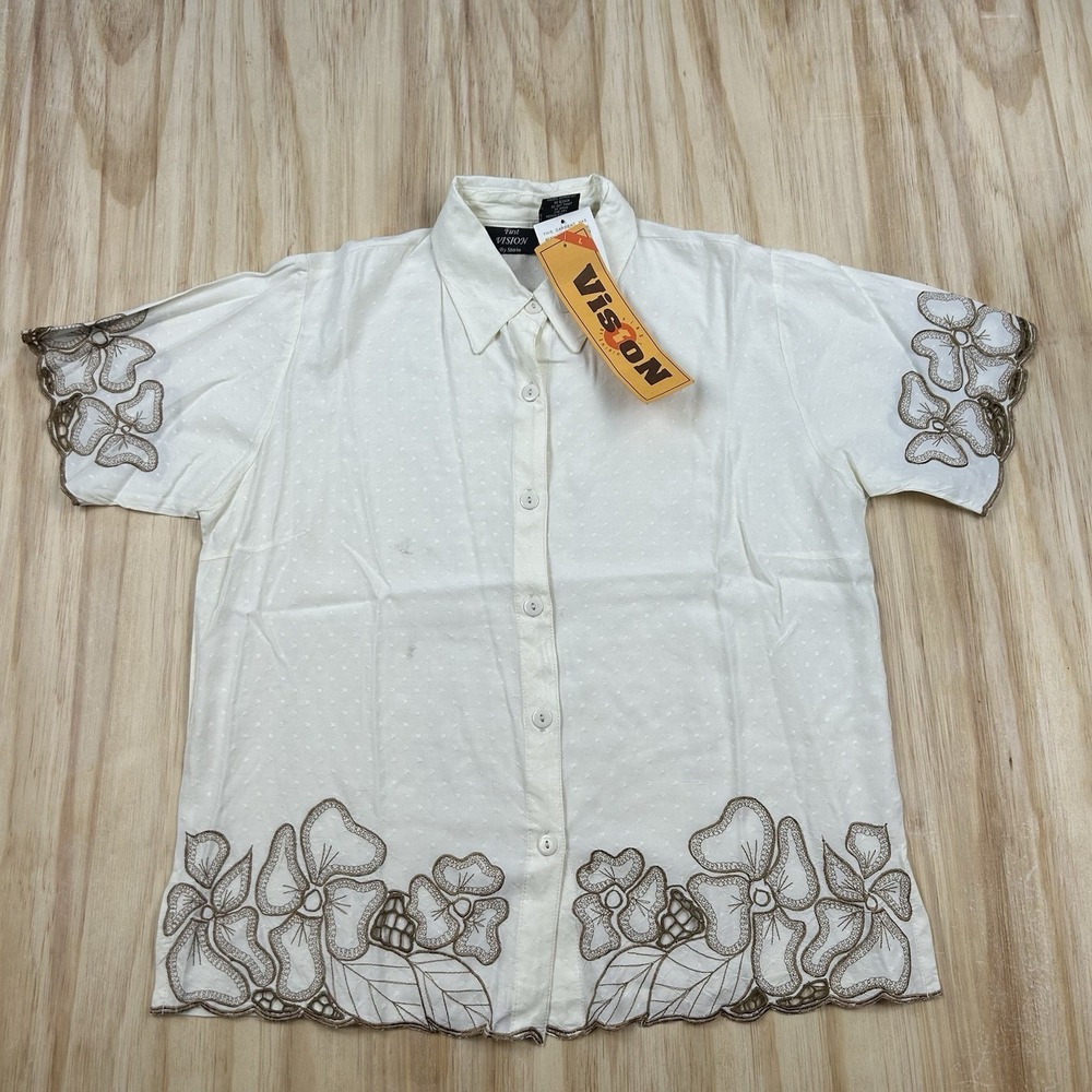 Vintage First Vision by Shirin Ameroibered Floral Ivory White Button Shirt Large